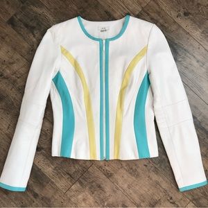 Vintage Cache Leather Jacket White Blue Green Color Block 6 Moto Racing Stripe